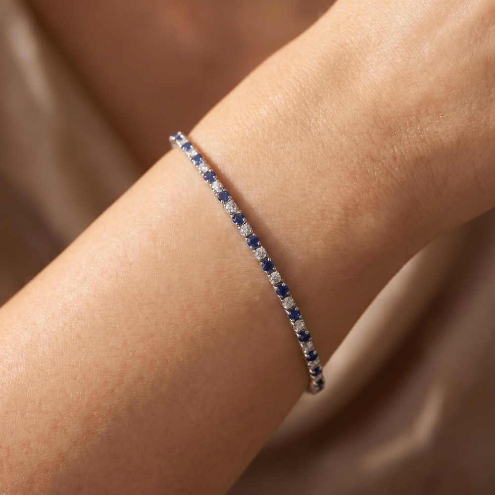 2ct Blue Sapphire & Diamond Genuine Tennis Bracelet 14K White Gold (G-H, I1)