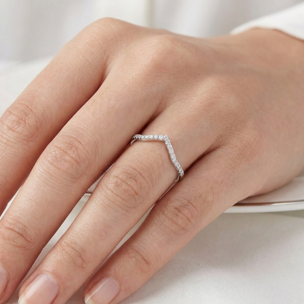 1/4ct Diamond Curved V Shape Ring Stackable Wedding Band 10k White Gold