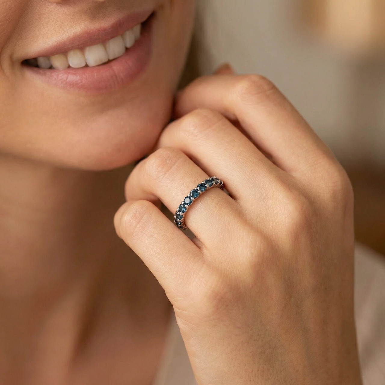 2ct Prong Blue Diamond Eternity Ring 14K White Gold (Blue, I1)