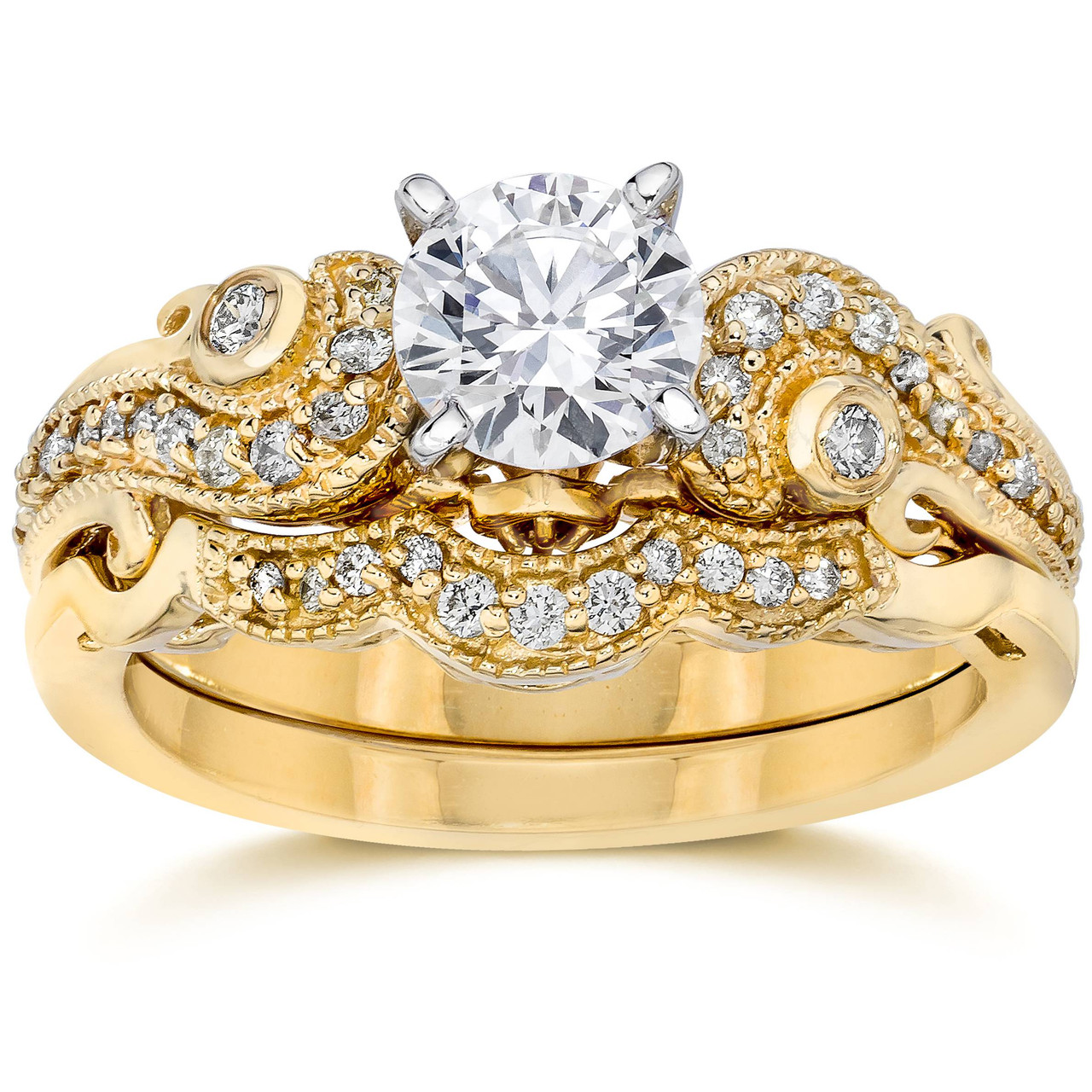 Emery 3/4Ct Vintage Diamond Engagement Wedding Ring Set 14K Yellow Gold