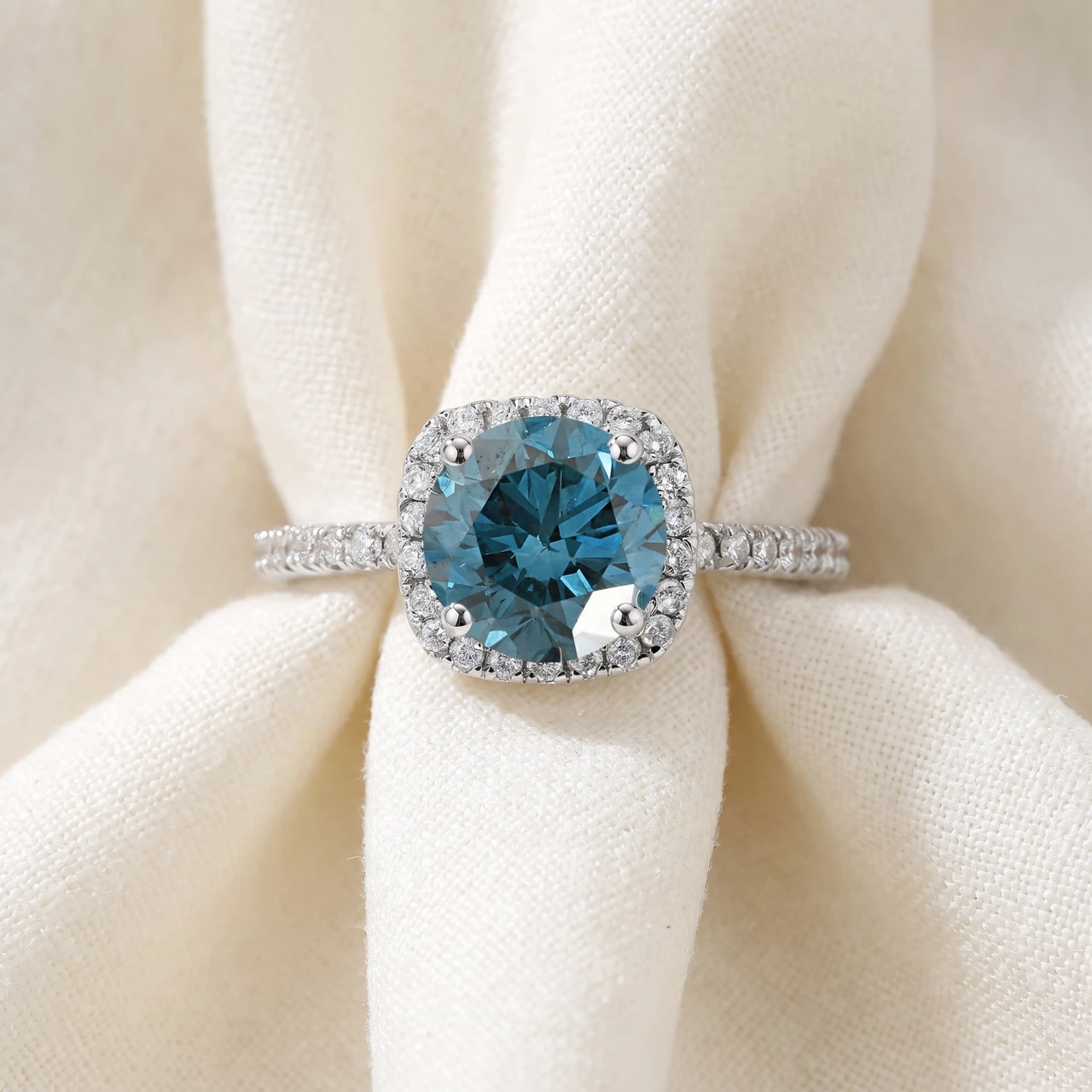 1 3/4 ct Blue Diamond Cushion Halo Engagement Ring 14k White Gold Lab Grown (G-H, VS)