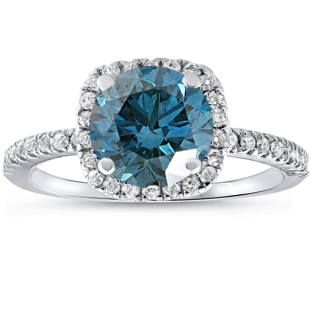 1 3/4 ct Blue Diamond Cushion Halo Engagement Ring 14k White Gold Lab Grown (G-H, VS)