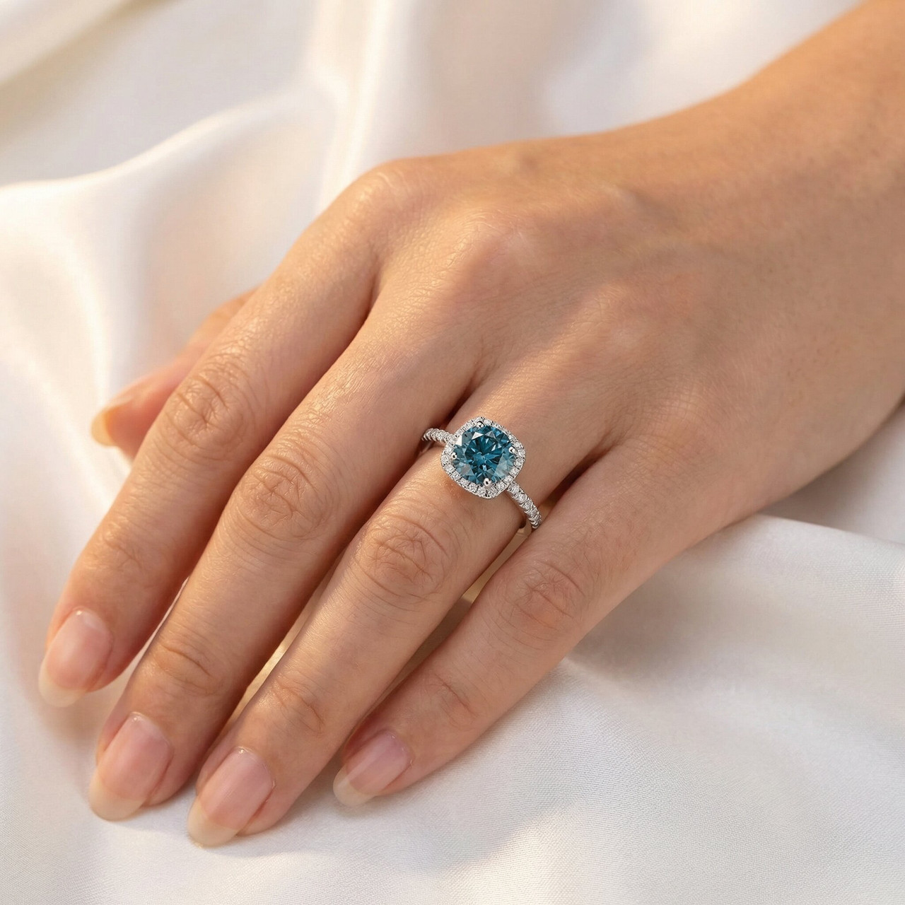 1 3/4 ct Blue Diamond Cushion Halo Engagement Ring 14k White Gold Lab Grown (G-H, VS)