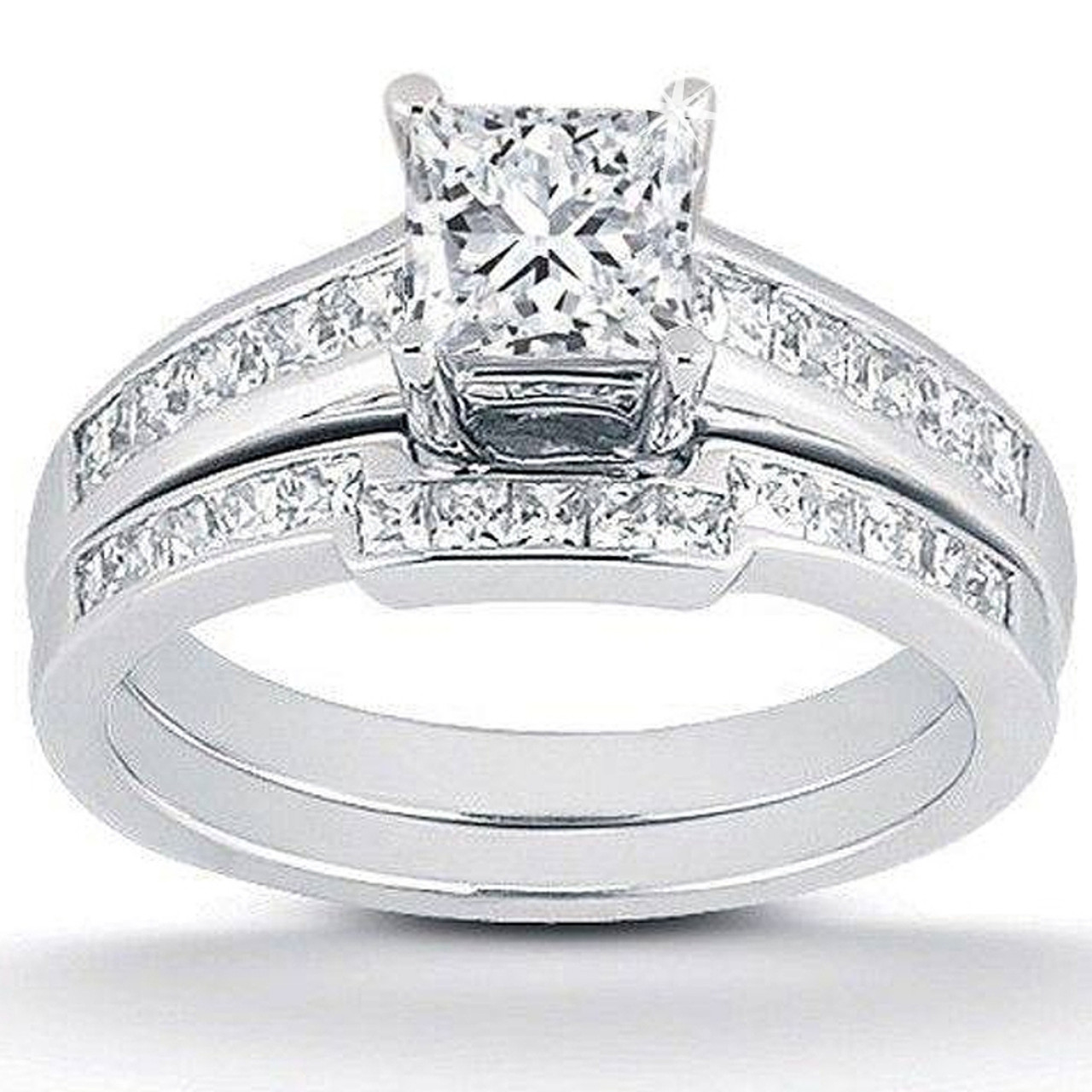 Princess Cut Channel Set Diamond Engagement Ring Wedding Set 14k White Gold