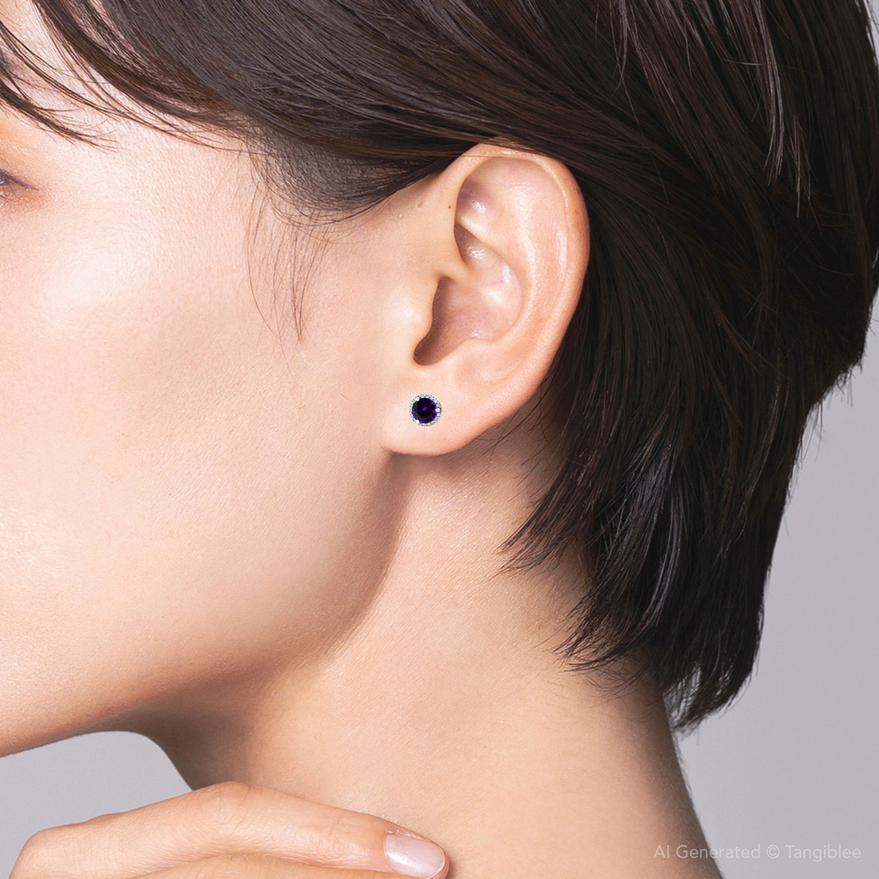 5/8ct Amethyst & Diamond Halo Studs 10K White Gold (G-H, I1)