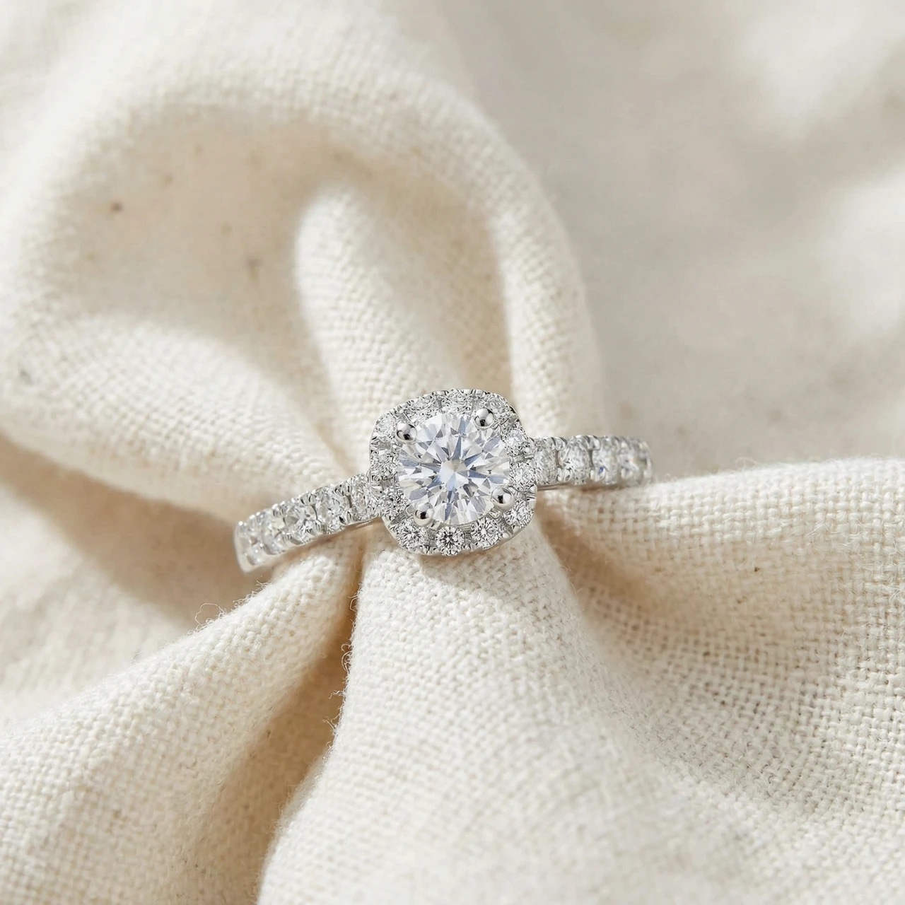 1ct Cushion Halo Round Cut Diamond Engagement Ring 14K White Gold (H-I, I1)