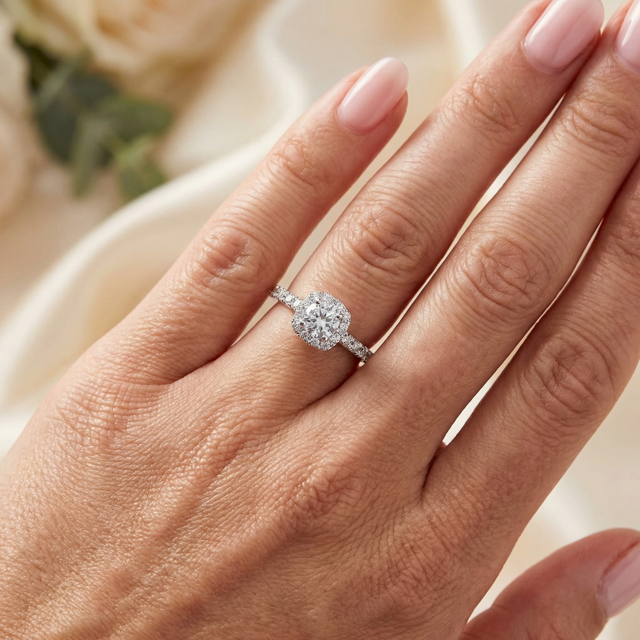 1ct Cushion Halo Round Cut Diamond Engagement Ring 14K White Gold (H-I, I1)