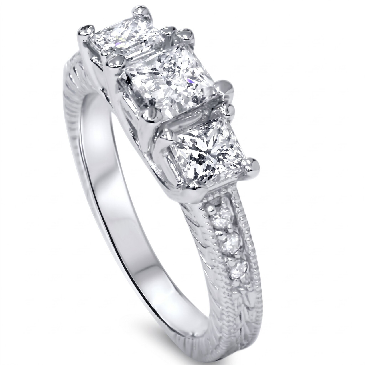1 3/4ct Vintage Three Stone Princess Cut Diamond Engagement Ring 14K White Gold (H-I, SI)