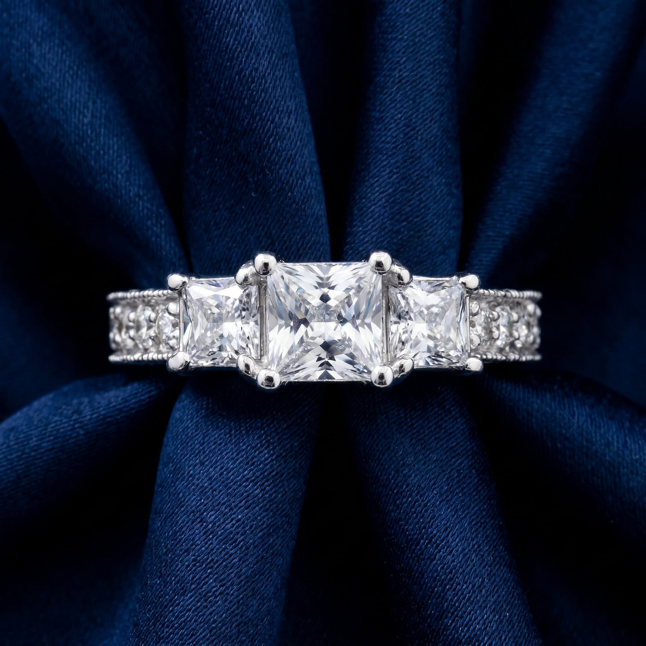 1 3/4ct Vintage Three Stone Princess Cut Diamond Engagement Ring 14K White Gold (H-I, SI)