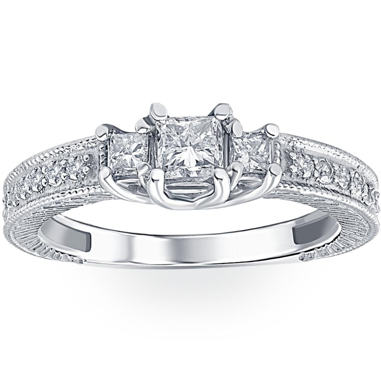 15ct Emerald Halo Engagement Ring Vintage Style White Three Stone Milgrains 