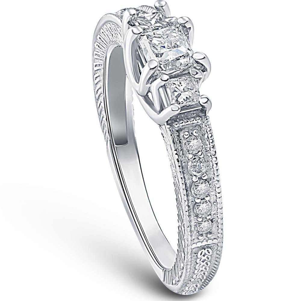 1/2ct Vintage Three Stone Princess Cut Diamond Engagement Ring 14K White Gold (H-I, SI)