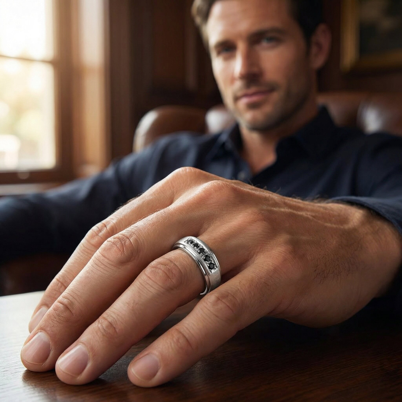 Mens Black Diamond White Gold Ring Brushed Wedding Band (Black, VVS)