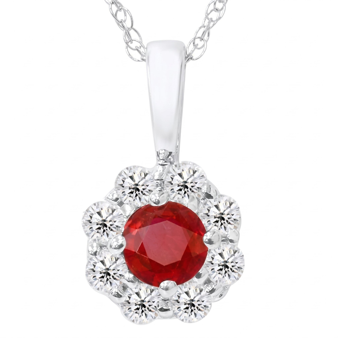 1ct Ruby Diamond Halo Pendant 14K White Gold (G-H, I1)
