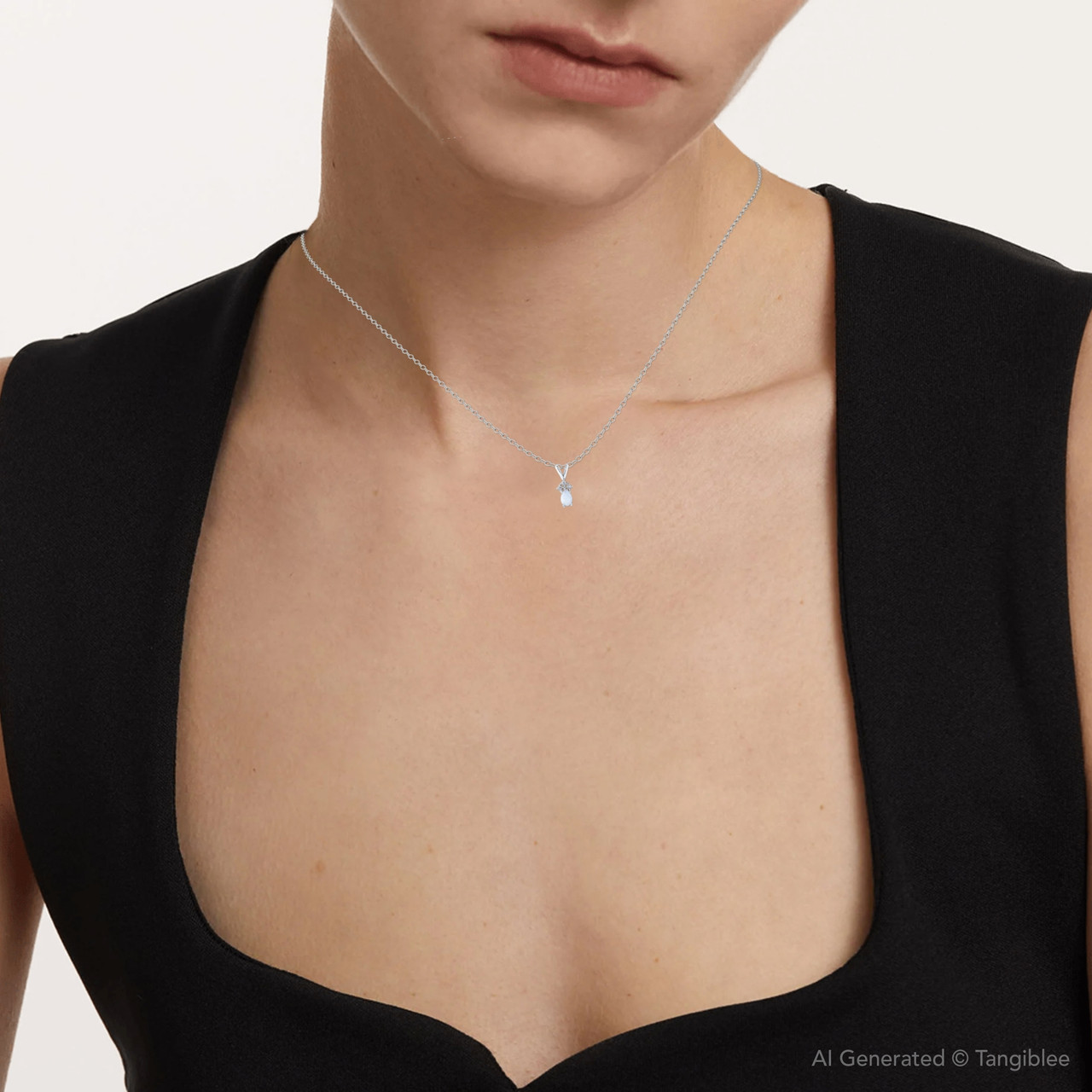 Pear Shape Opal & Diamond Solitaire Pendant 14K White Gold
