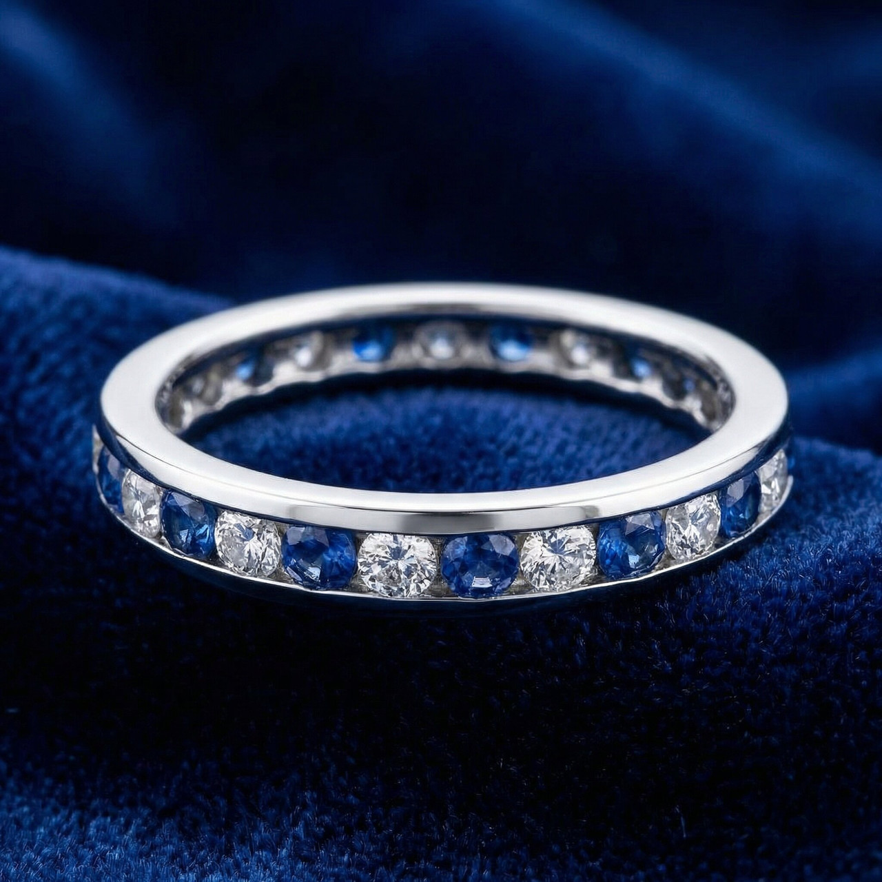 1 1/2ct Diamond & Sapphire Eternity Ring 14K White Gold (G-H, I1)