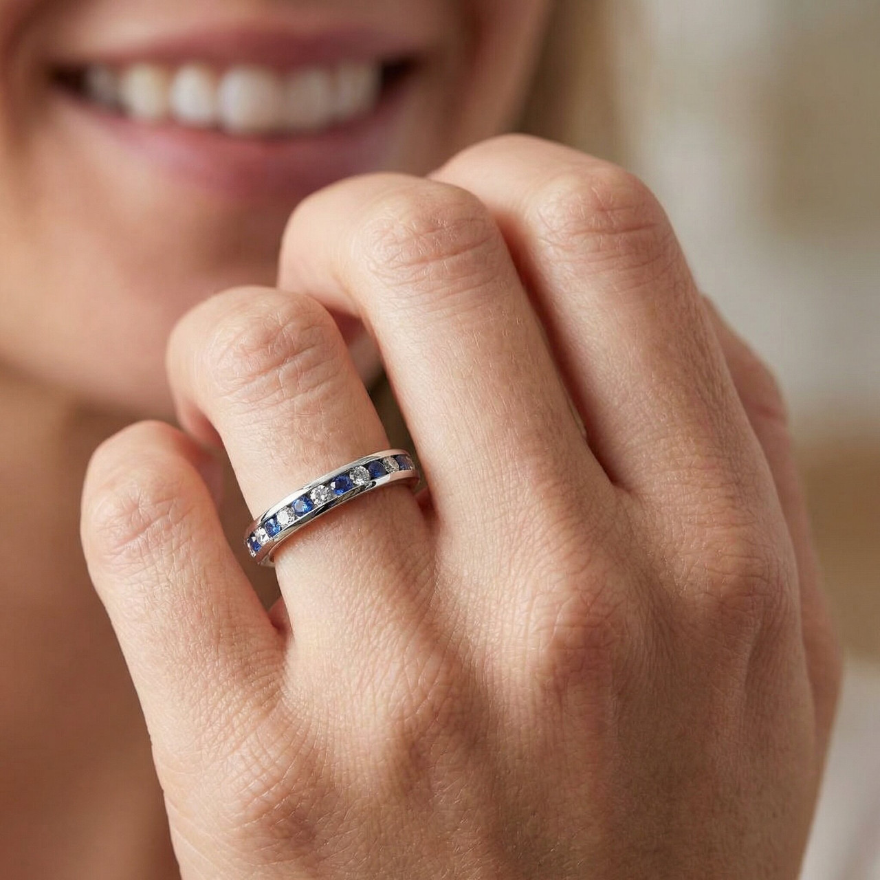 1 1/2ct Diamond & Sapphire Eternity Ring 14K White Gold (G-H, I1)
