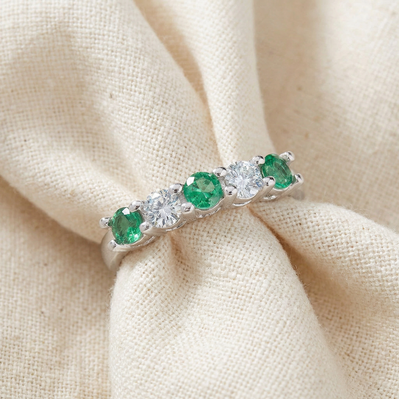 3/4ct Emerald & Diamond 5-Stone Wedding Ring 14K White Gold (G-H, I1)