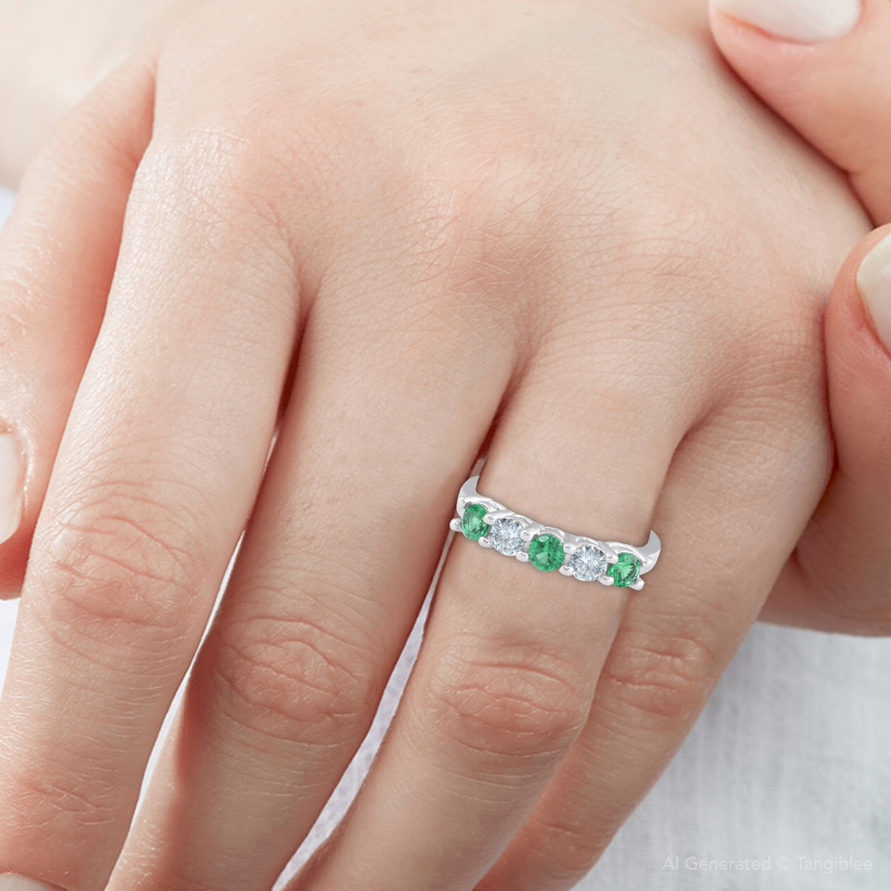 3/4ct Emerald & Diamond 5-Stone Wedding Ring 14K White Gold (G-H, I1)