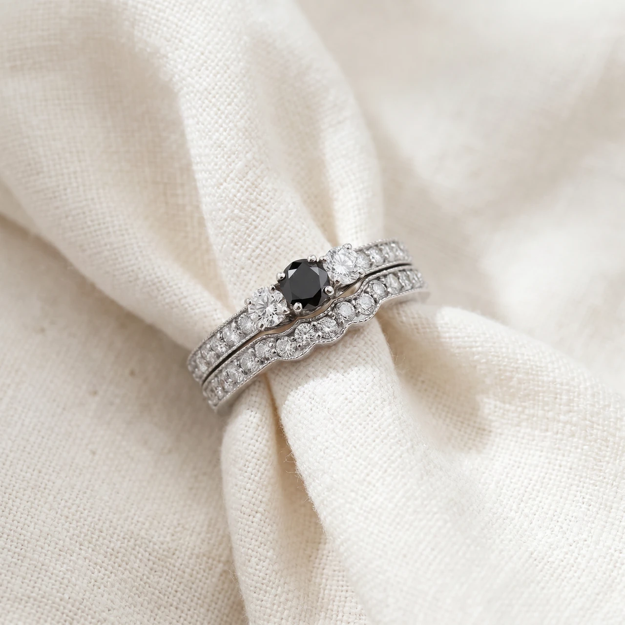 3/4ct Round Black Diamond Three Stone Wedding Engagement Ring Set 10K White Gold (G-H, I1)