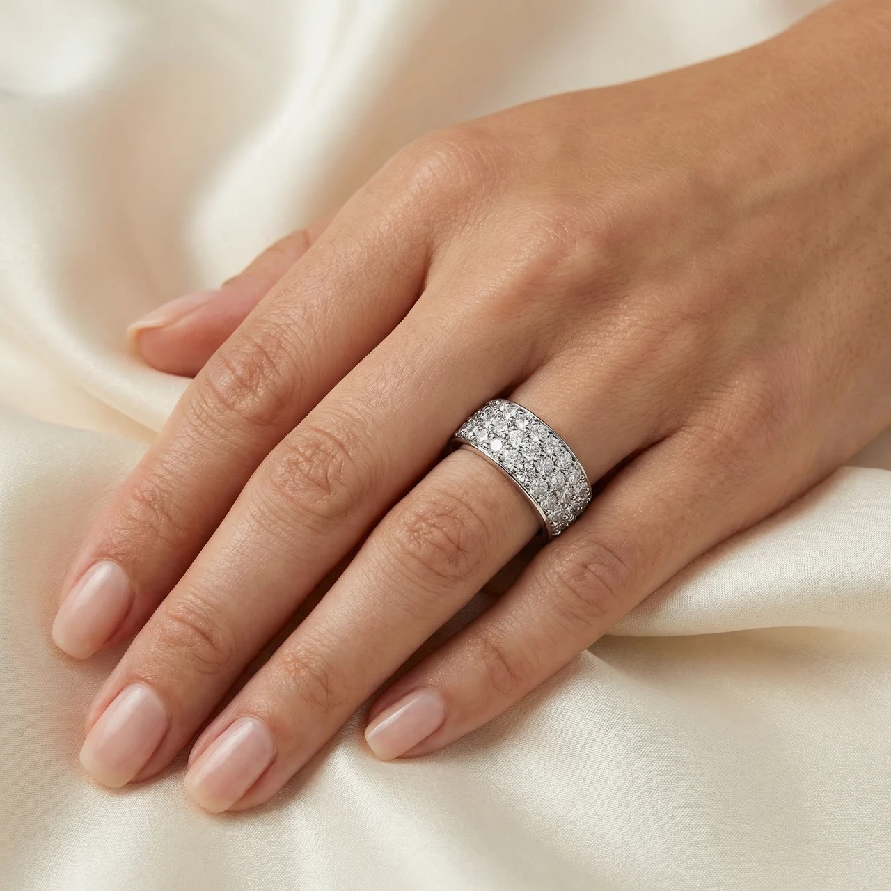 1 1/2ct Pave Diamond Wedding Anniversary 10K White Gold Womens Wide Band (G-H, I1)