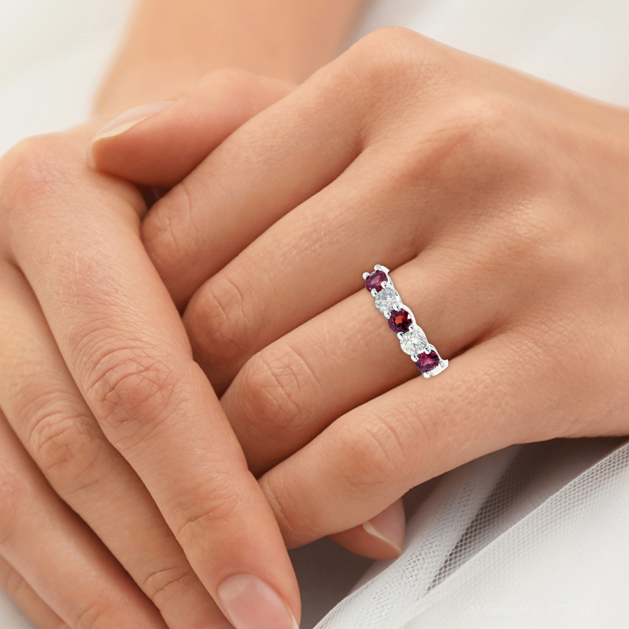 1 1/2ct Ruby & Diamond Wedding Ring 14K White Gold Five Stone (G-H, I1)