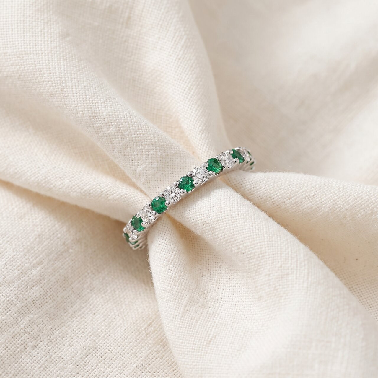 1 1/2ct Emerald Diamond Eternity Ring 14K White Gold (G-H, I1)