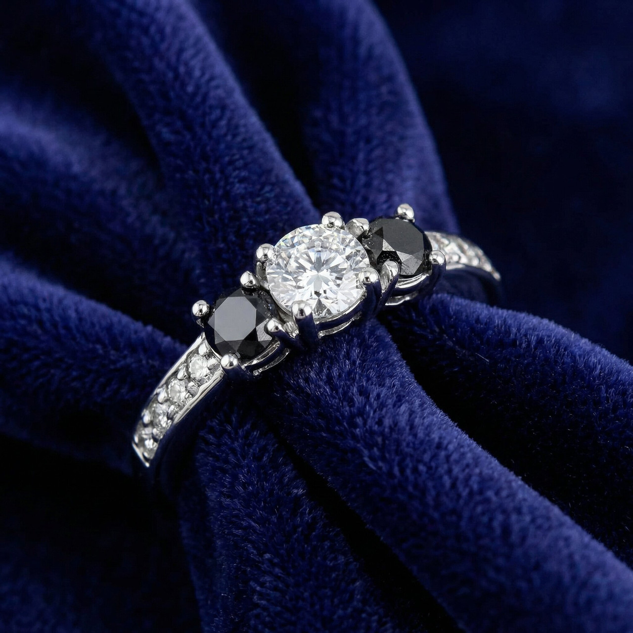 1ct Black & White Diamond 3 Stone Ring 14K White Gold (G-H, I1)