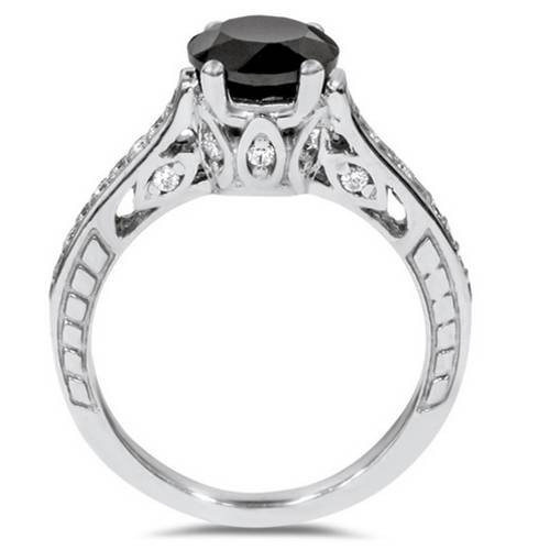 2 1/4ct Vintage Black Diamond Engagement Ring 14K White Gold (G-H, I2-I3)