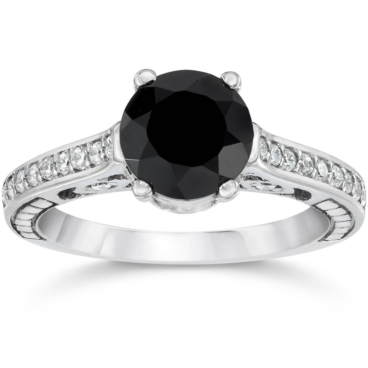 2 1/4ct Vintage Black Diamond Engagement Ring 14K White Gold (G-H, I2-I3)