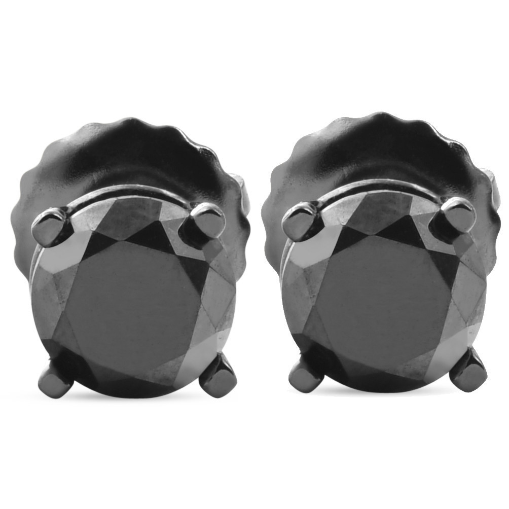 1 TCW 14k Black Gold Round Black Diamond Screw Back Studs Earrings (Black, I2-I3)