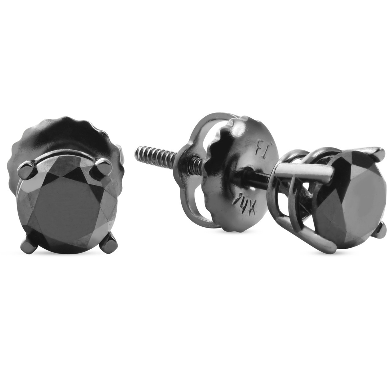1 TCW 14k Black Gold Round Black Diamond Screw Back Studs Earrings (Black, I2-I3)