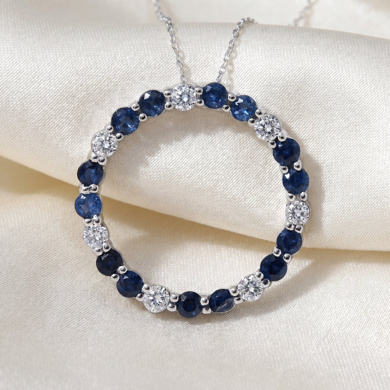 14K White Gold 2ct Diamond & Sapphire Circle Pendant (G-H, I1)