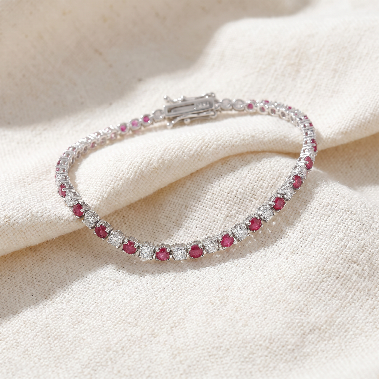 3ct Genuine Ruby & Real Diamond Tennis Bracelet 14K White Gold (G-H, I1)