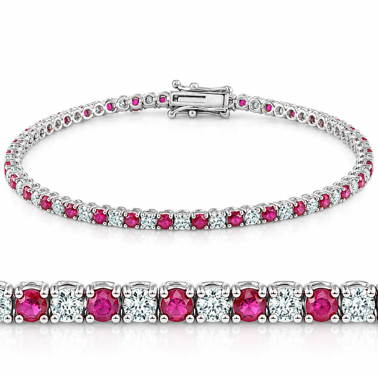 3ct Genuine Ruby & Real Diamond Tennis Bracelet 14K White Gold (G-H, I1)