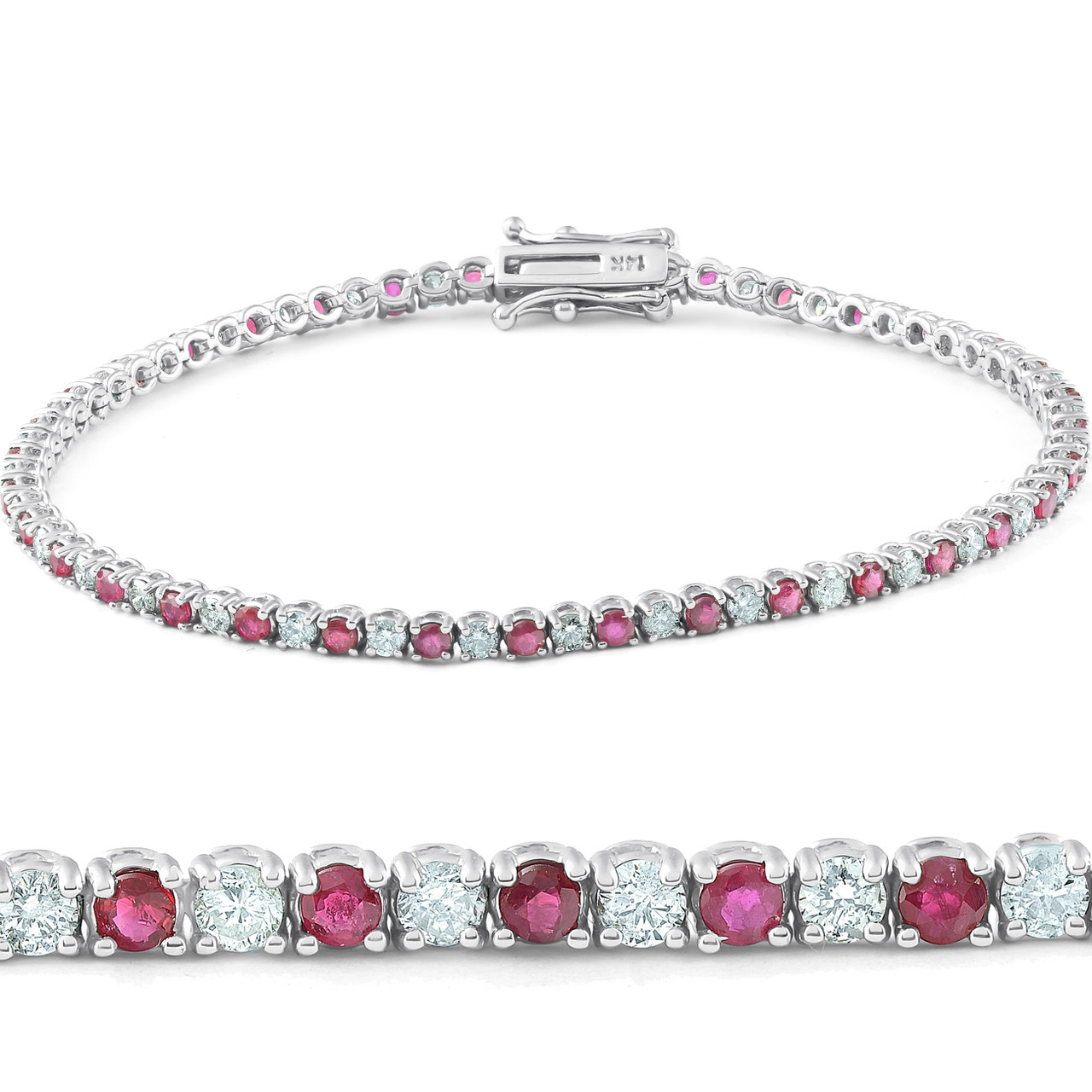3ct Genuine Ruby & Real Diamond Tennis Bracelet 14K White Gold (G-H, I1)