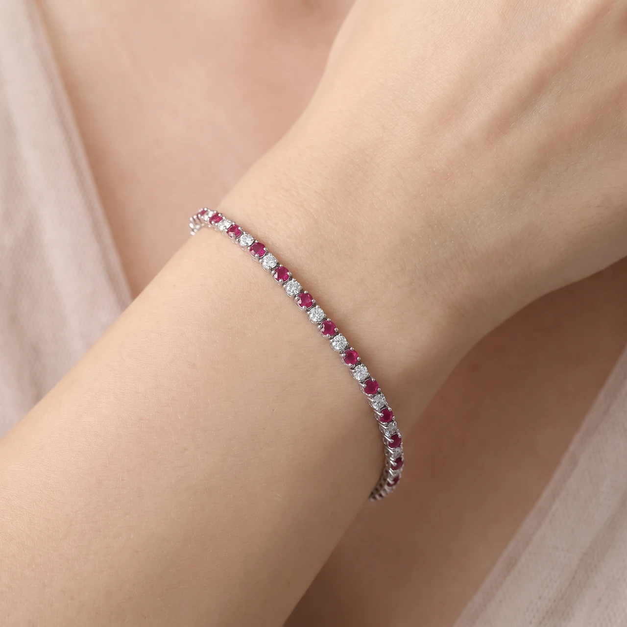 3ct Genuine Ruby & Real Diamond Tennis Bracelet 14K White Gold (G-H, I1)