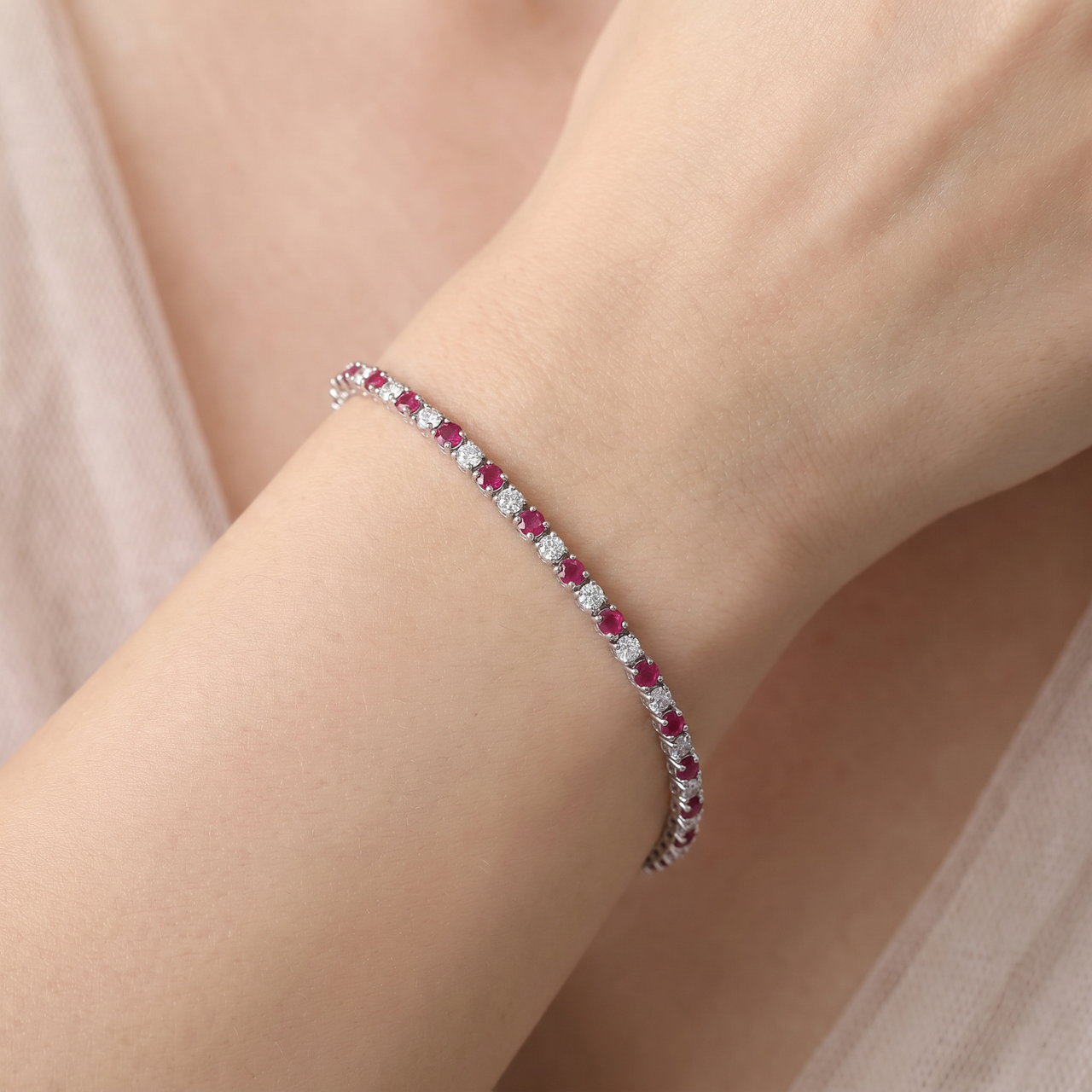 3ct Genuine Ruby & Real Diamond Tennis Bracelet 14K White Gold (G-H, I1)