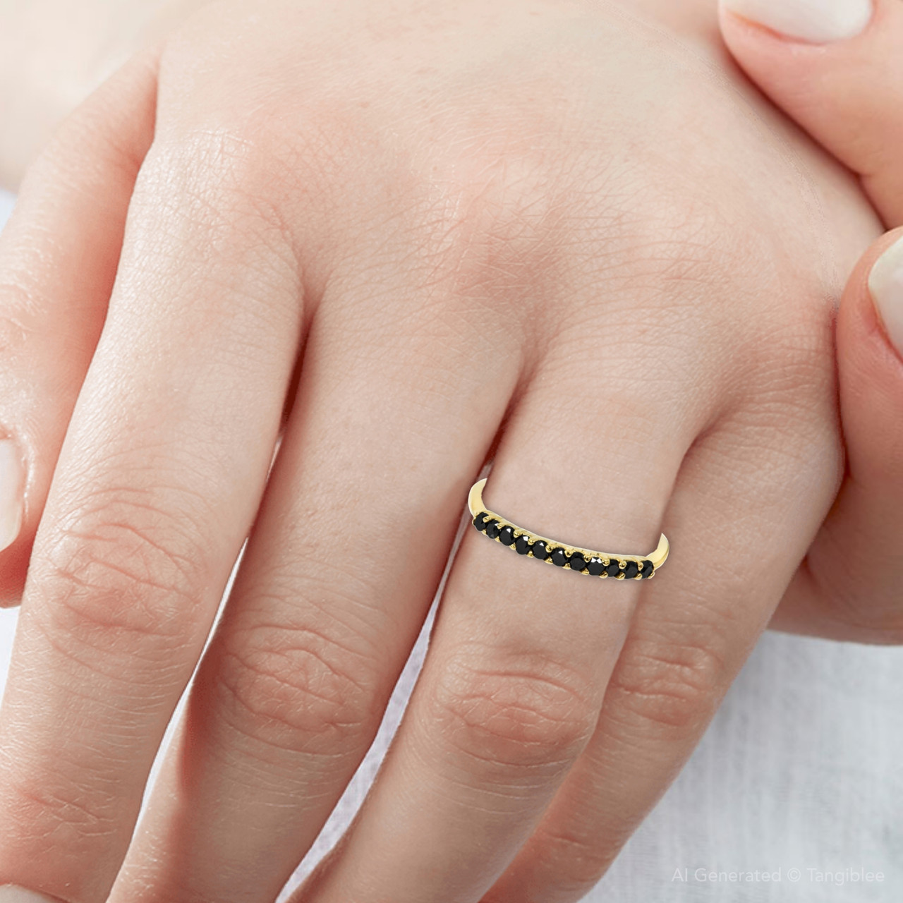 1/4ct Treated Black Diamond Wedding Anniversary Guard Ring 14K Yellow Gold (Black, I2-I3)