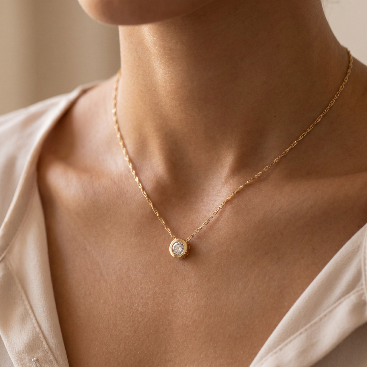 14K Yellow Gold 3/4ct Round Bezel Real Diamond Pendant (G-H, I1)