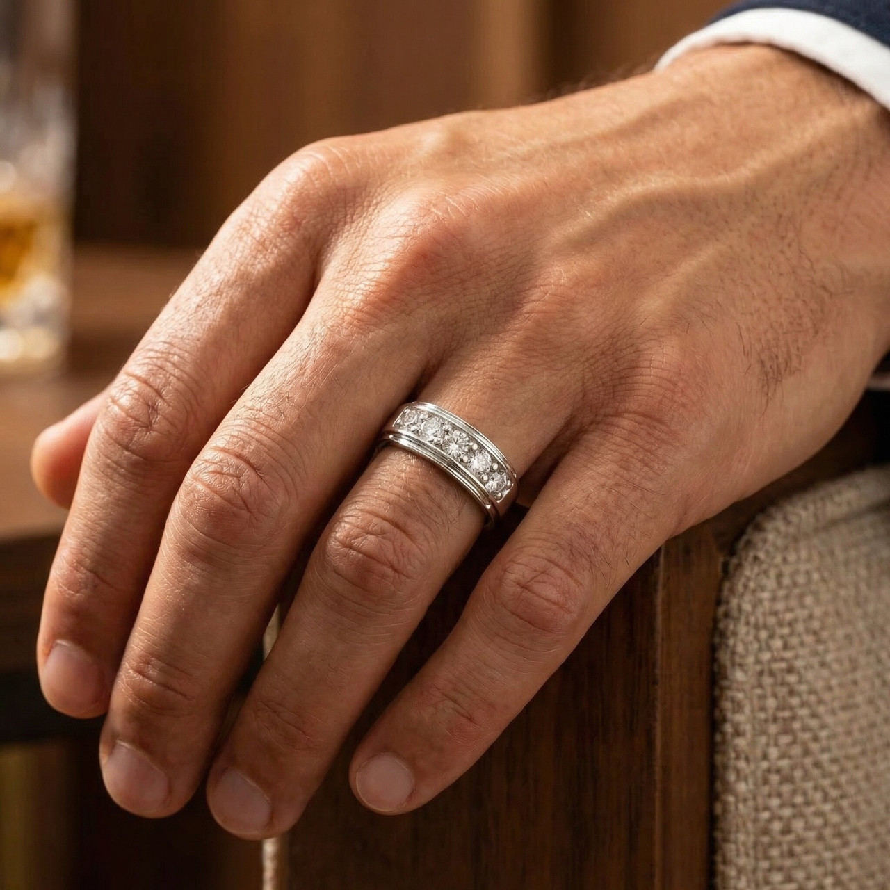 1 ct Mens Diamond Five Stone Wedding Ring 10k White Gold (G-H, I1)