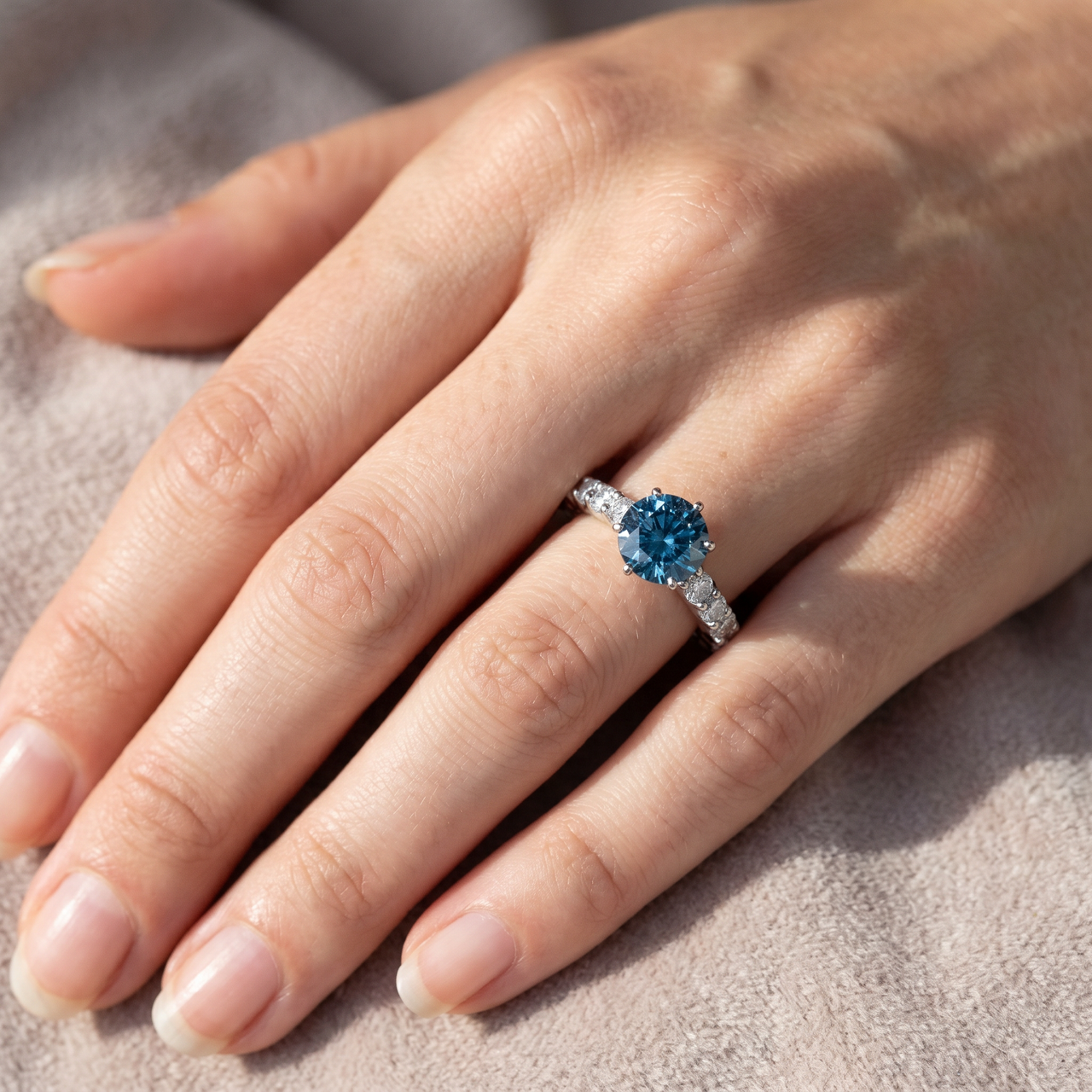 4 3/4ct Blue & White Diamond Eternity Engagement Ring 14K White Gold Lab Grown (Blue, SI)