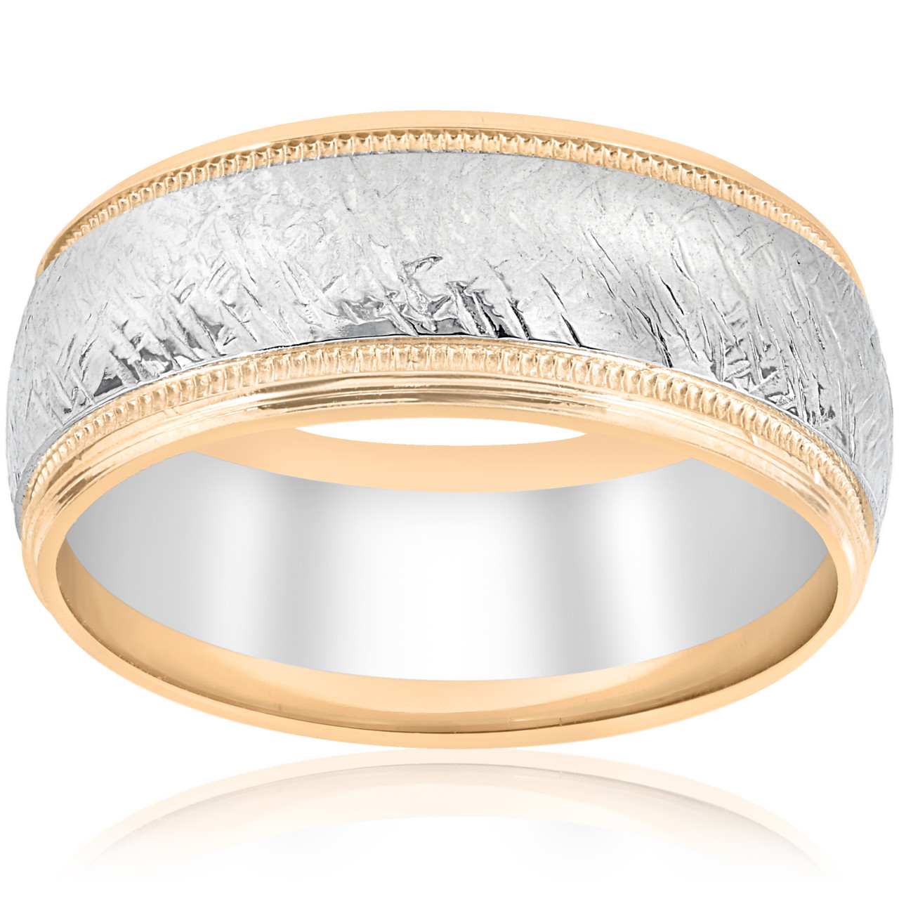 14k White & Yellow Gold Men's Comfort Wedding 8MM Two Tone Etched Two Tone Band 14k White & Yellow Gold Men's Comfort Wedding 8MM Two Tone Etched Two Tone Band