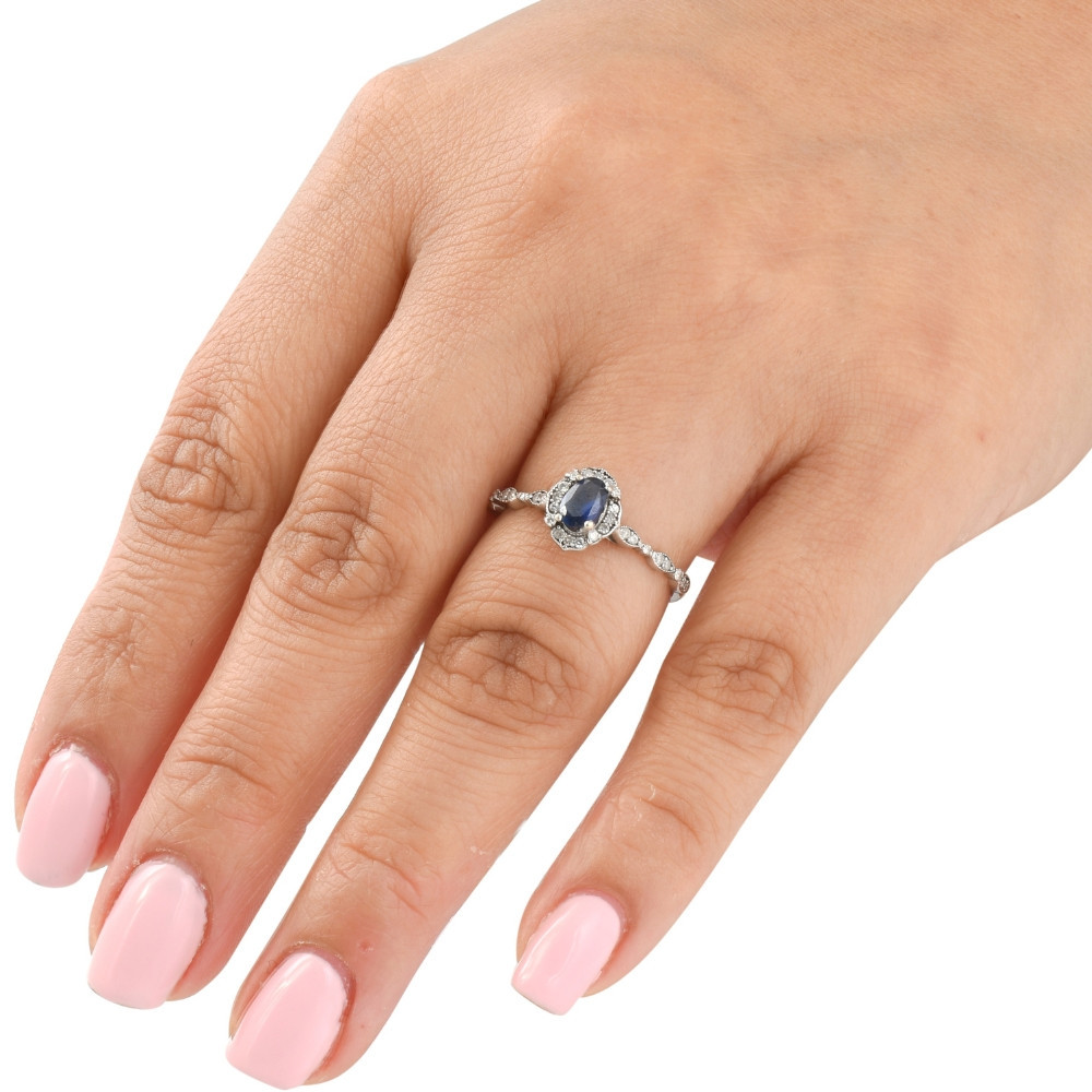 3/4ct Oval Blue Sapphire Diamond Halo Vintage Engagement Ring 14K White Gold (I-J, I2-I3)