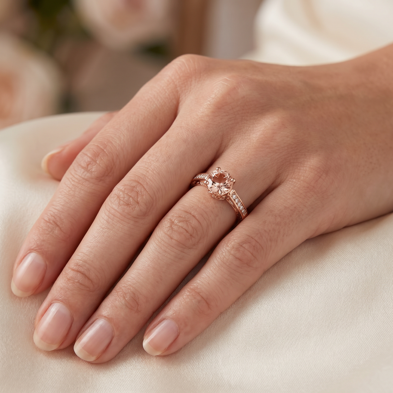 2 Carat Morganite & Diamond Vintage Engagement Ring 14K Rose Gold (H-I, I1)