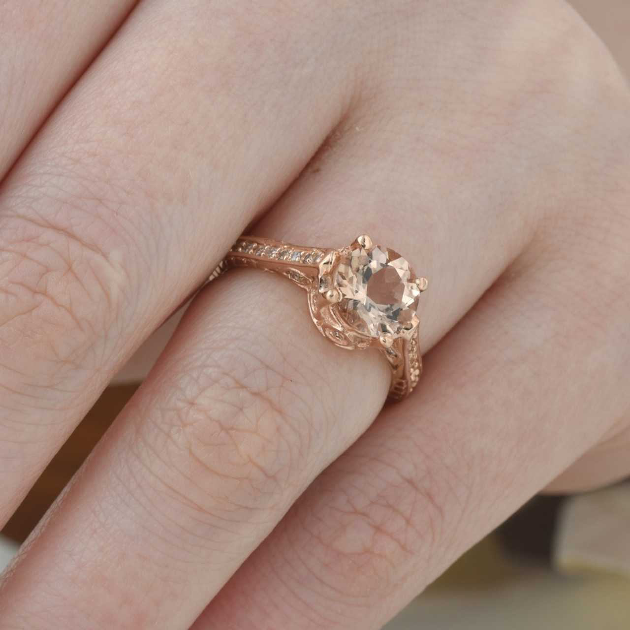 2 Carat Morganite & Diamond Vintage Engagement Ring 14K Rose Gold (H-I, I1)