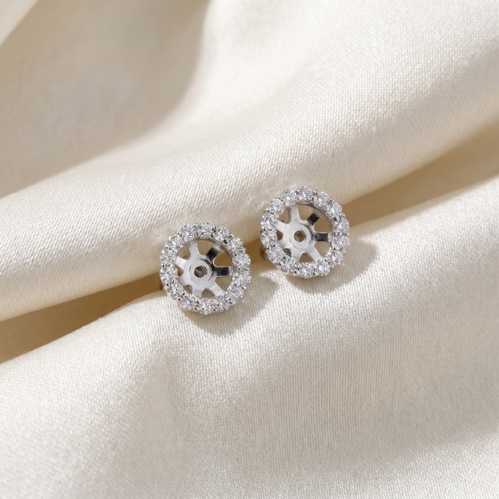 3/4ct Diamond Halo Earring Studs Jackets 14K White Gold (6-6.7mm) (G-H, I1)