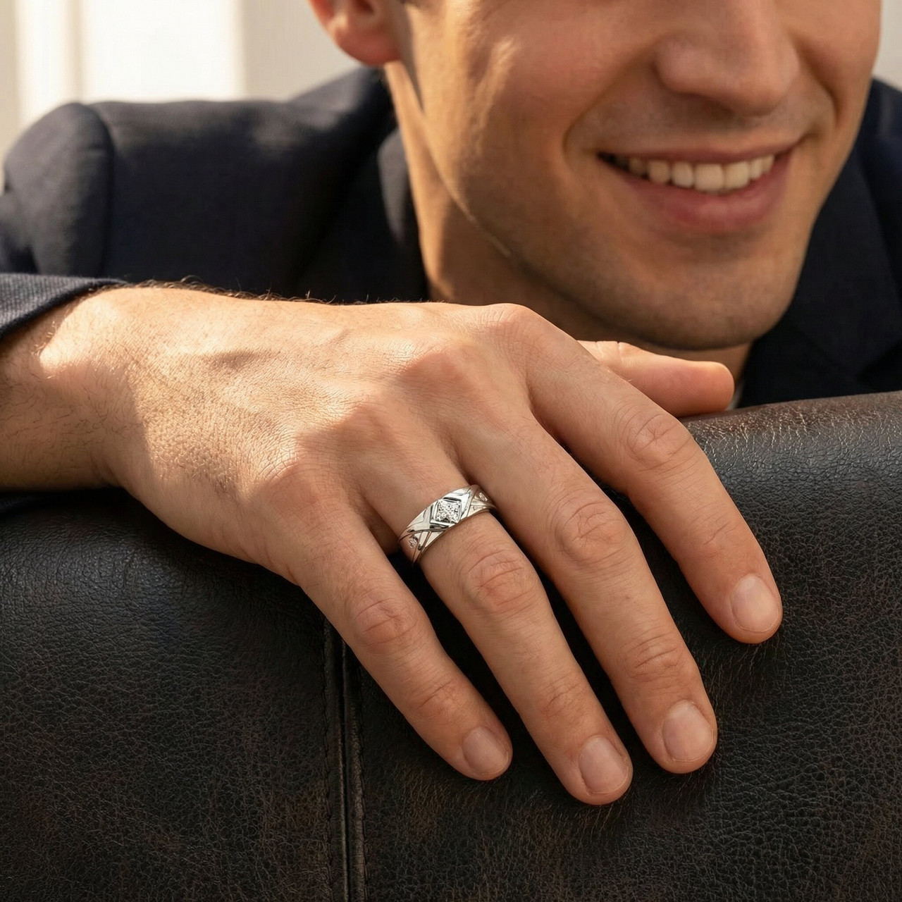 Mens Diamond Cross Ring 14K White Gold (H-I, I1)