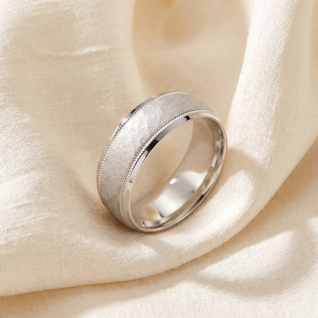 Hammered 10k White Gold 8mm Wedding Mens Band