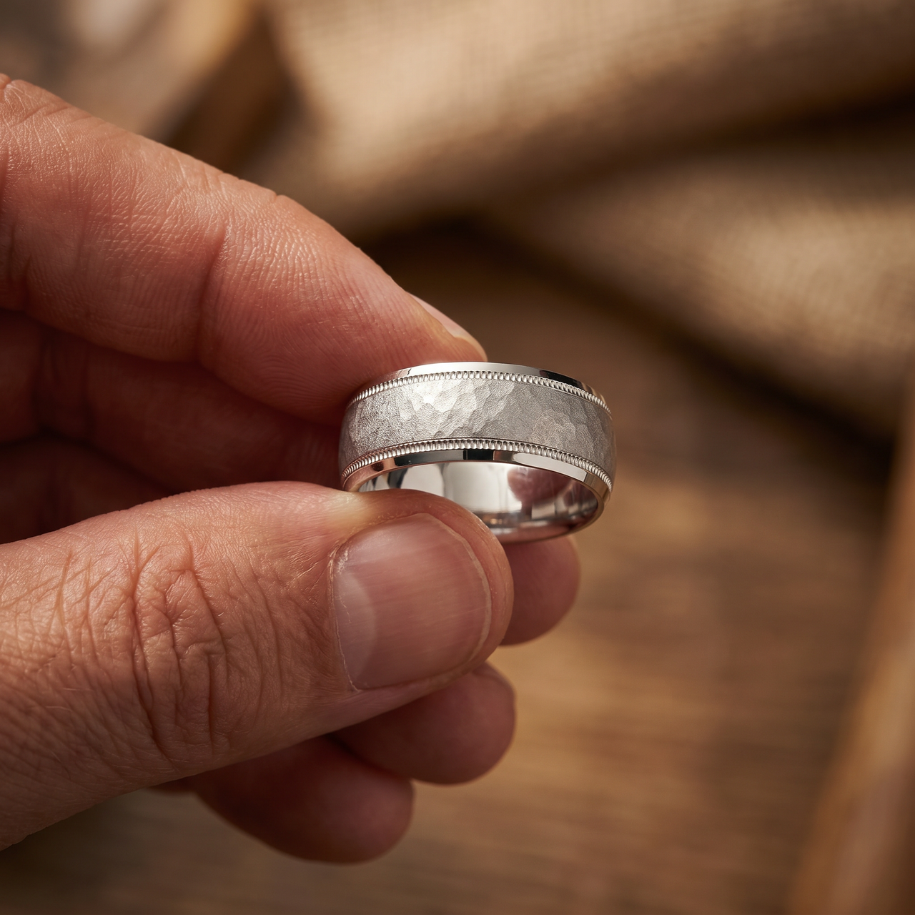 Hammered 10k White Gold 8mm Wedding Mens Band