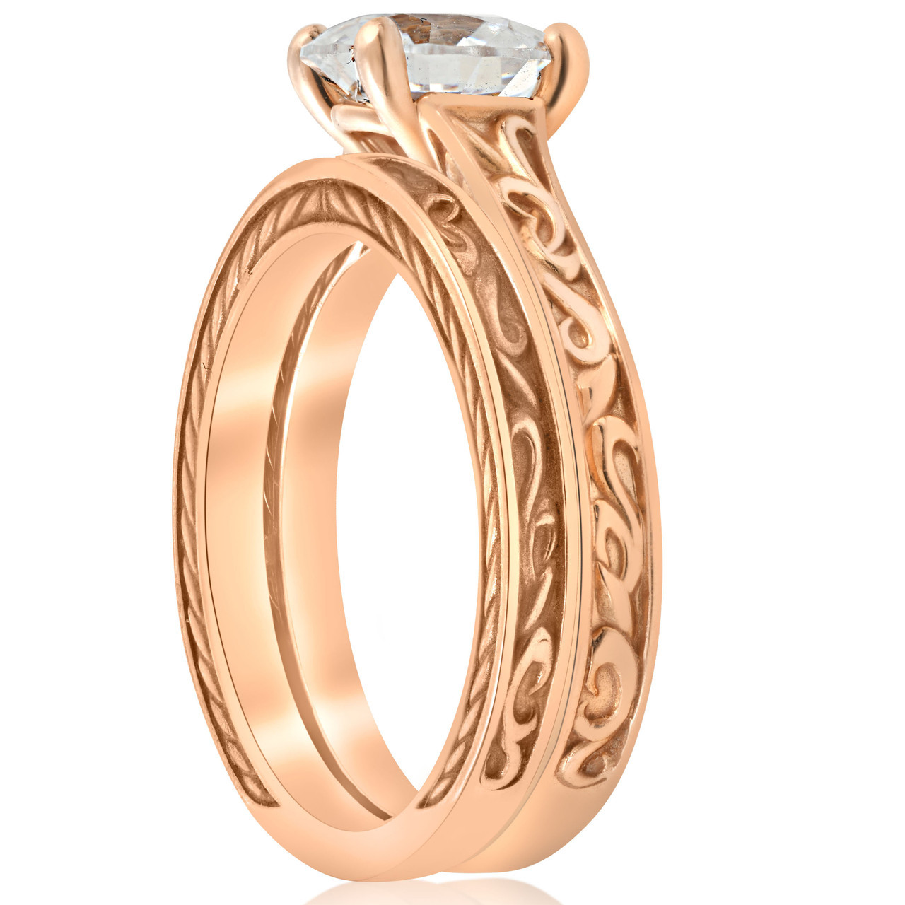 1ct Diamond Solitaire 14k Rose Gold Vintage Engagement Ring Wedding Band (G-H, SI)